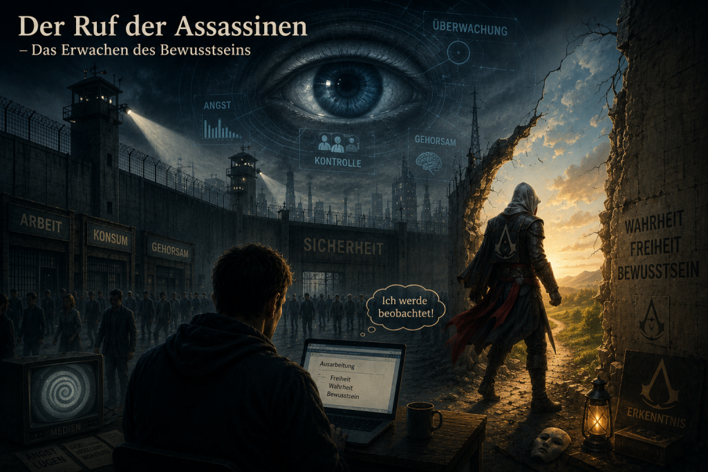 Der Ruf der Assassinen – Symbolbild für das Erwachen des Bewusstseins: Ein Assassine verlässt ein dunkles Gefängnis in Richtung Licht, während ein Mensch vor einem Laptop erkennt, dass er beobachtet wird.