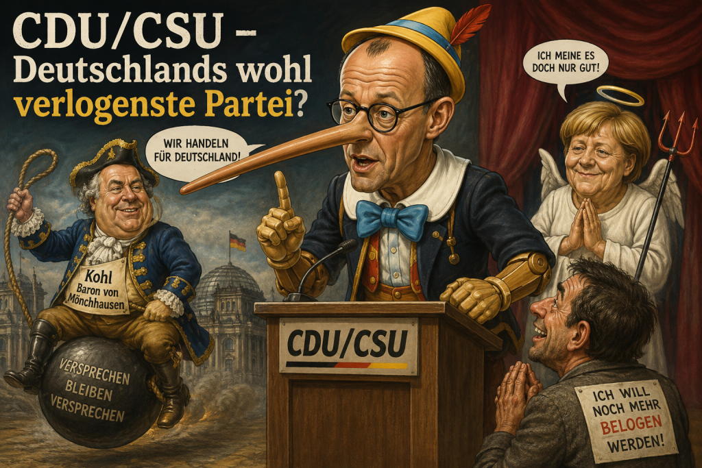 Satirische Karikatur zur Kritik an CDU/CSU mit Pinocchio, Baron Münchhausen und symbolischen Figuren für gebrochene Wahlversprechen.
