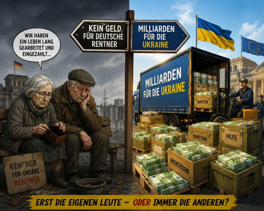Älteres deutsches Rentnerehepaar vor einem Wegweiser „Kein Geld für deutsche Rentner“ und einem LKW mit der Aufschrift „Milliarden für die Ukraine“ als politische Karikatur über staatliche Ausgaben.