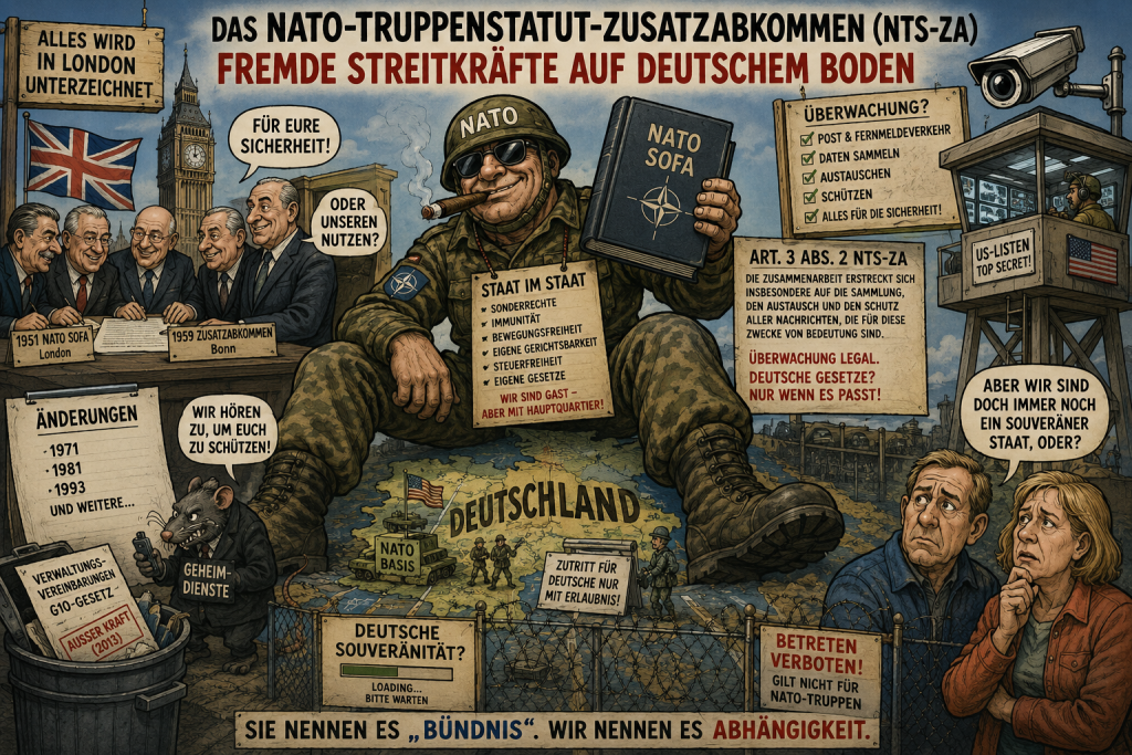 Satirische Karikatur zum NATO-Truppenstatut-Zusatzabkommen (NTS-ZA) mit NATO-Truppen, Überwachung, Sonderrechten und der Debatte über deutsche Souveränität.