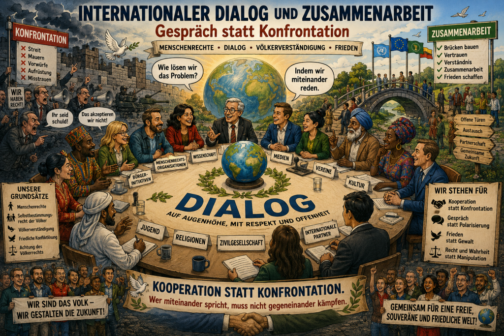 Satirische Illustration zum internationalen Dialog und zur friedlichen Zusammenarbeit zwischen Bürgern, Organisationen und Kulturen auf Grundlage von Menschenrechten, Völkerverständigung und gegenseitigem Respekt.