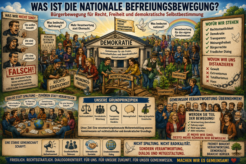 Satirische Illustration zur Nationalen Befreiungsbewegung als Bürgerbewegung für Rechtsstaatlichkeit, Demokratie, Meinungsfreiheit, Transparenz und friedliche Mitbestimmung.