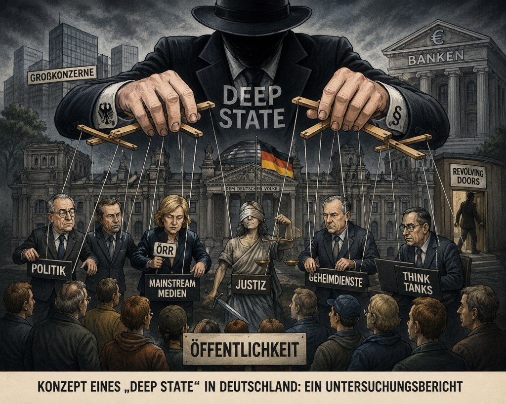 Karikatur zum Konzept eines „Deep State“ in Deutschland mit Politik, Medien, Justiz, Geheimdiensten und Think Tanks als Marionetten einer unsichtbaren Macht.