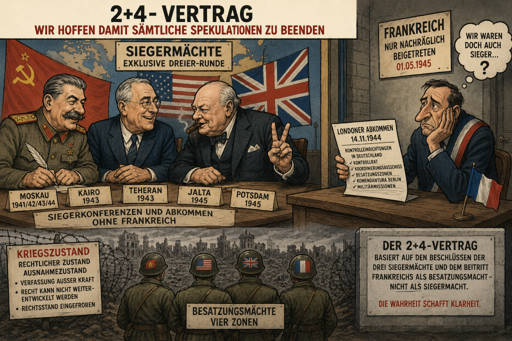 Karikatur zum 2+4-Vertrag mit den Alliierten Siegermächten, Frankreich als nachträglich beteiligter Besatzungsmacht und einer Darstellung der Nachkriegsordnung in Deutschland.