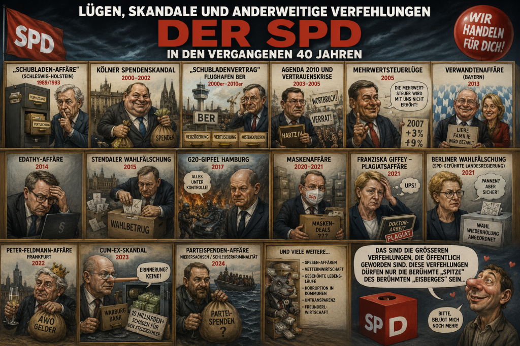 Satirische Collage zu öffentlich bekannten Skandalen, Affären und Kontroversen der SPD aus den vergangenen Jahrzehnten.