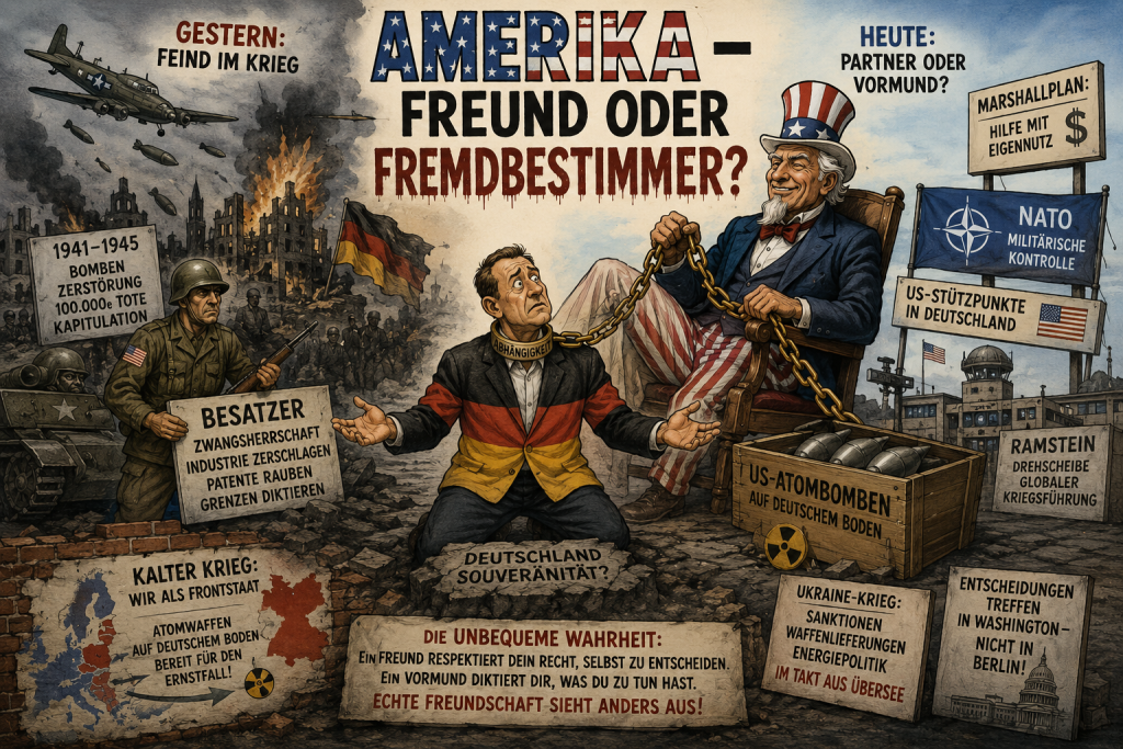 Politische Karikatur über den Einfluss der USA auf Deutschland mit Symbolen für NATO, Marshallplan, US-Militärbasen und die Debatte um deutsche Souveränität.