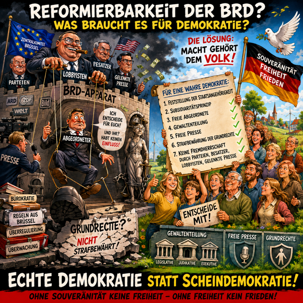 Satirische Karikatur zur Reformierbarkeit der BRD mit Forderungen nach Demokratie, Gewaltenteilung, Volksabstimmungen und Souveränität.